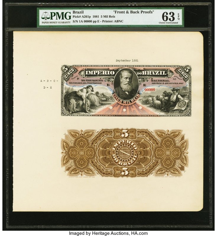 Brazil Thesouro Nacional 5 Mil Reis 1881 Pick A261p Front and Back Proofs PMG Ch...