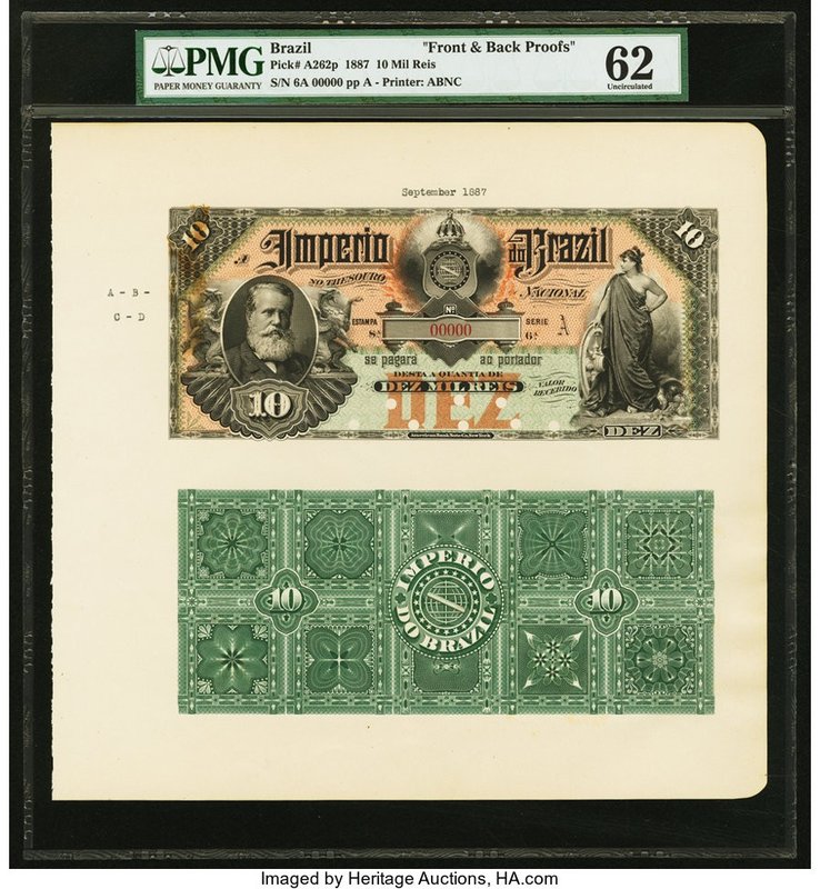 Brazil Thesouro Nacional 10 Mil Reis ND (1887) Pick A262p Front and Back Uniface...