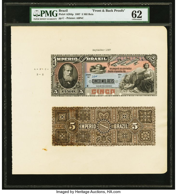 Brazil Thesouro Nacional 5 Mil Reis 1887 Pick A264p Uniface Proof PMG Uncirculat...