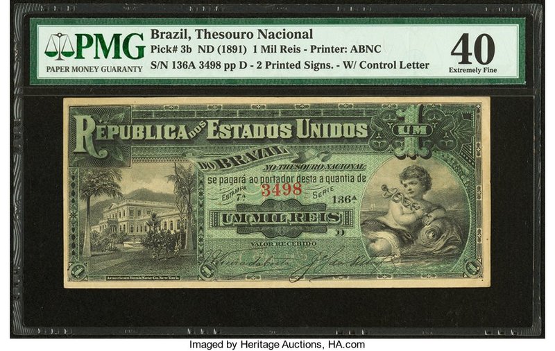 Brazil Thesouro Nacional 1 Mil Reis ND (1891) Pick 3b PMG Extremely Fine 40. A b...