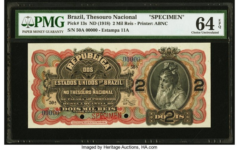 Brazil Thesouro Nacional 2 Mil Reis ND (1918) Pick 13s Specimen PMG Choice Uncir...