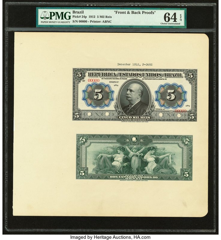 Brazil Thesouro Nacional 5 Mil Reis ND (1912) Pick 24p Front and Back Proofs PMG...