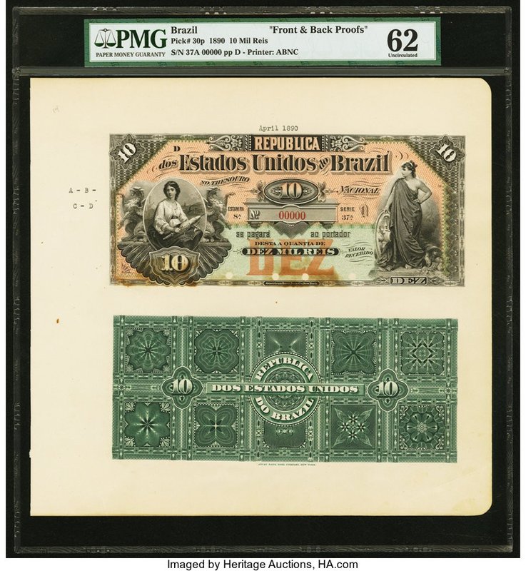 Brazil Thesouro Nacional 10 Mil Reis 1890 Pick 30p Uniface Front and Back Proofs...