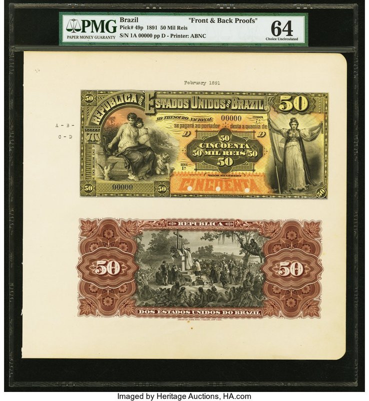 Brazil Thesouro Nacional 50 Mil Reis 1891 Pick 49p Front and Back Uniface Proofs...