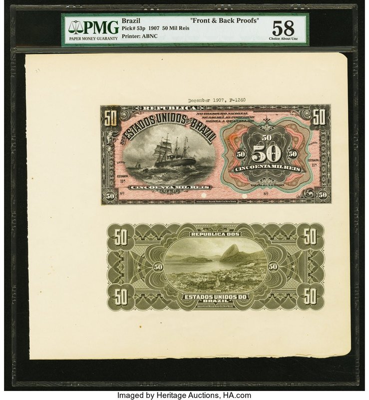 Brazil Thesouro Nacional 50 Mil Reis ND (1907) Pick 53p Front and Back Proofs PM...