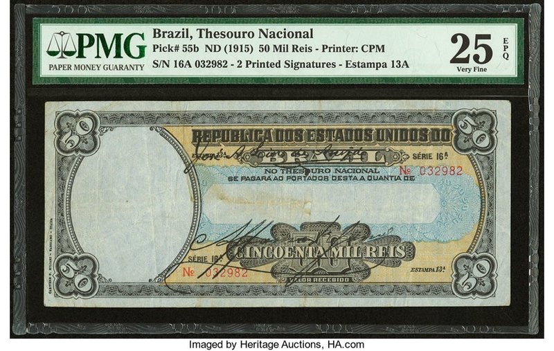 Brazil Thesouro Nacional 50 Mil Reis ND (1915) Pick 55b PMG Very Fine 25 EPQ. A ...