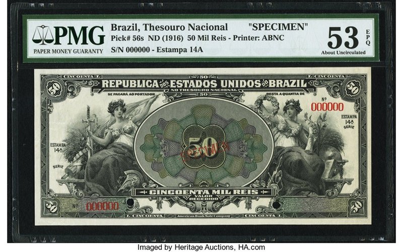 Brazil Thesouro Nacional 50 Mil Reis ND (1916) Pick 56s Specimen PMG About Uncir...