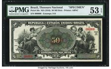 Brazil Thesouro Nacional 50 Mil Reis ND (1916) Pick 56s Specimen PMG About Uncirculated 53 EPQ. A turn of the century Specimen printed by ABNC. Serial...
