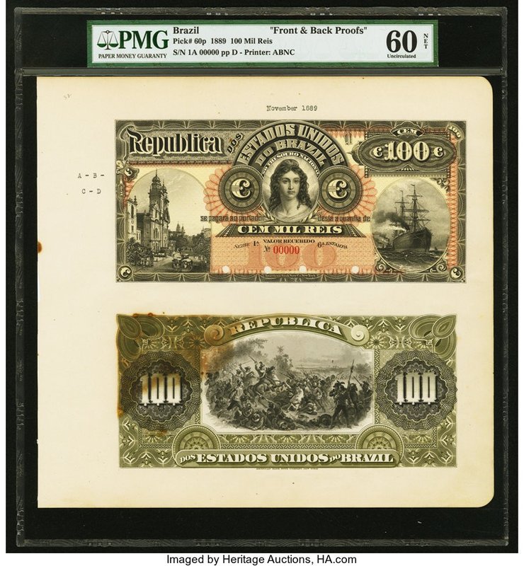 Brazil Thesouro Nacional 100 Mil Reis ND 1889 Pick 60p Proof PMG Uncirculated 60...