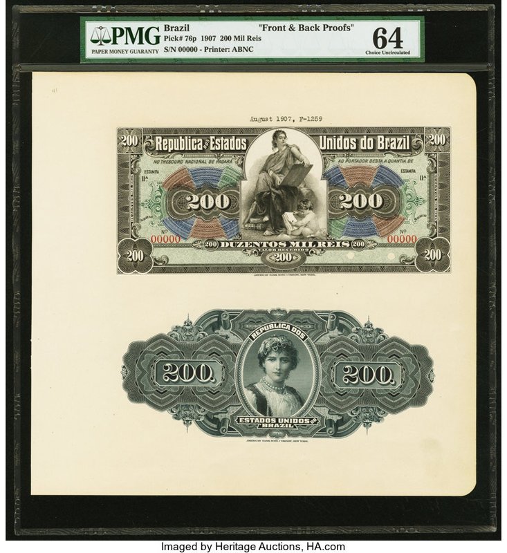 Brazil Thesouro Nacional 200 Mil Reis 1907 Pick 76p Uniface Front and Back Proof...