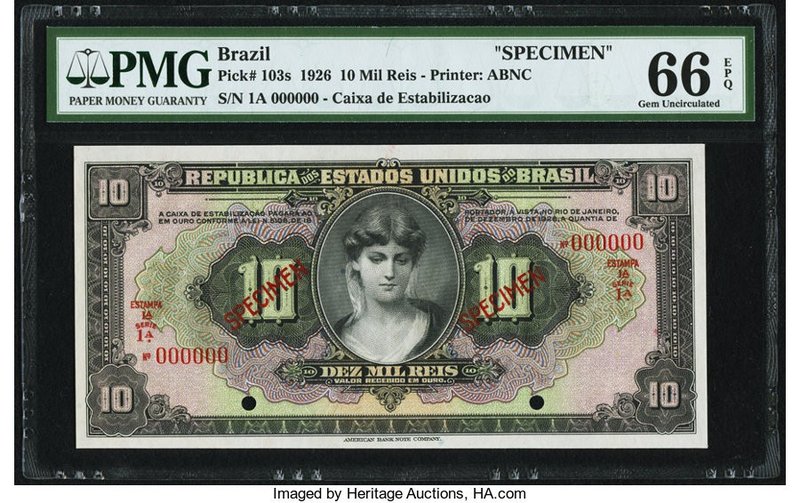 Brazil Caixa de Estabilizacao 10 Mil Reis 1926 Pick 103s Specimen PMG Gem Uncirc...