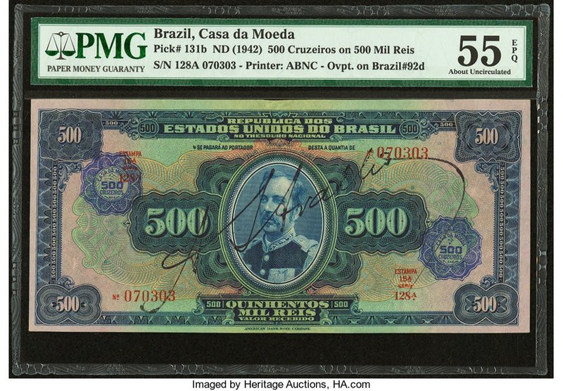 Brazil Banco do Brasil 500 Cruzeiros on 500 Mil Reis ND (1942) Pick 131b PMG Abo...