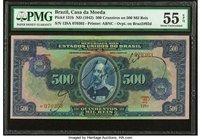 Brazil Banco do Brasil 500 Cruzeiros on 500 Mil Reis ND (1942) Pick 131b PMG About Uncirculated 55 EPQ. A scarce high denomination with overprint on t...