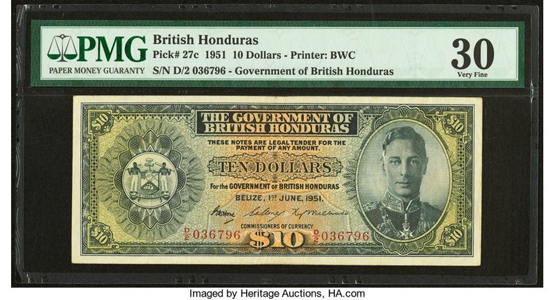 British Honduras Government of British Honduras 10 Dollars 1951 Pick 27c PMG Ver...