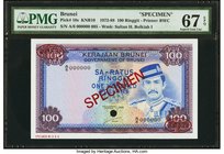 Brunei Government of Brunei 100 Ringgit ND (1972-88) Pick 10s KNB10S Specimen PMG Superb Gem Unc 67 EPQ. A Specimen sporting two De La Rue red ovals a...