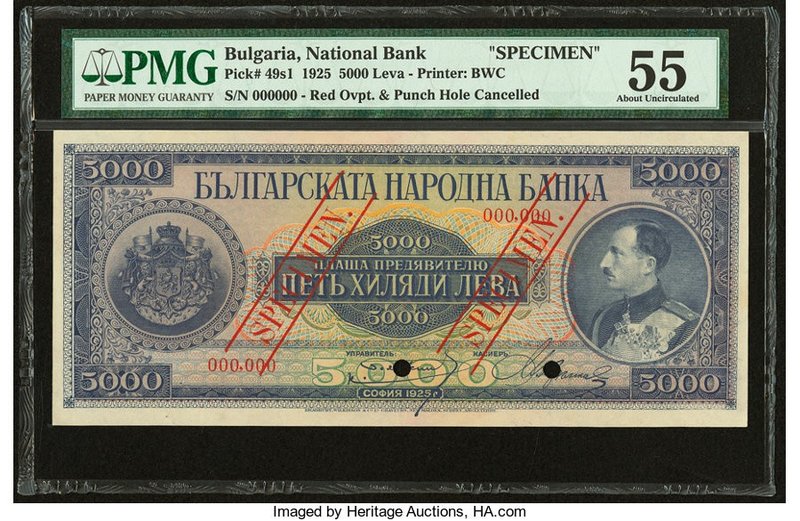 Bulgaria Bulgaria National Bank 5000 Leva 1925 Pick 49s1 Specimen PMG About Unci...