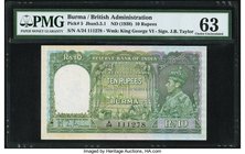 Burma Reserve Bank of India 10 Rupees ND (1938) Pick 5 Jhun5.5.1 PMG Choice Uncirculated 63. An unusually choice example for this example from the fir...