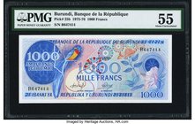 Burundi Banque de la Republique 1000 Francs 1.9.1976 Pick 25b PMG About Uncirculated 55. Underrated higher denomination from the first Republic issue ...