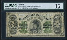 Canada Dominion of Canada $1 1.6.1878 DC-8e-i PMG Choice Fine 15. A desirable, problem free example of this scarce, early Dominion issue. Series "A" i...