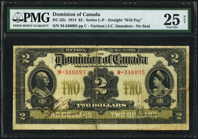 Canada Dominion of Canada $2 2.1.1914 DC-22c PMG Very Fine 25 Net. A decent enou...