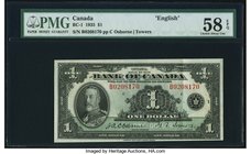 Canada Bank of Canada $1 1935 BC-1 "English" PMG Choice About Unc 58 EPQ. A beautiful and fresh example, with the scarcer "B" prefix. Just one vertica...