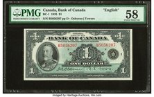 Canada Bank of Canada $1 1935 BC-1 PMG Choice About Unc 58. This English version dollar exhibits excellent paper quality, with only light handling acc...
