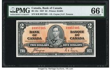 Canada Bank of Canada $2 2.1.1937 BC-22c PMG Gem Uncirculated 66 EPQ. A handsome and pack fresh example of this popular denomination. Much above avera...