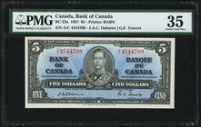 Canada Bank of Canada $5 2.1.1937 BC-23a PMG Choice Very Fine 35. An unusually decent example of this rare type, which features the signature combinat...