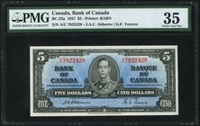 Canada Bank of Canada $5 2.1.1937 BC-23a PMG Choice Very Fine 35. There is only one prefix available for this rare first series, which features the si...
