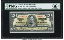 Canada Bank of Canada $20 2.1.1937 BC-25c PMG Gem Uncirculated 66 EPQ. A handsome and unusually choice example of this final signature variety for the...