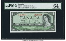 Canada Bank of Canada $1 1954 BC-29b Devil's Face PMG Choice Uncirculated 64 EPQ. Embossing and natural paper wave are observed on this colorful $1 wi...