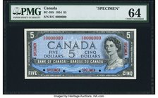 Canada Bank of Canada $5 1954 BC-39S Specimen PMG Choice Uncirculated 64. An interesting and rare Specimen of the modified portrait $5 Queen Elizabeth...