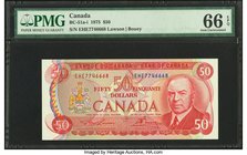 Canada Bank of Canada $50 1975 BC-51a-i PMG Gem Uncirculated 66 EPQ. Handsome, pack fresh original example. This denomination has always proved diffic...