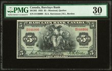 Canada Montreal, PQ- Barclays Bank $5 2.1.1935 Ch.# 30-12-02 PMG Very Fine 30. A better than average example of this scarce type, which features a lat...