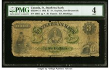Canada St. Stephen, NB- St. Stephens Bank $3 1.10.1873 Ch.#675-20-04-14 PMG Good 4. An interesting and rare provincial type, this early Queen Victoria...