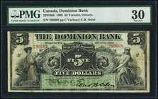 Canada Toronto, ON- Dominion Bank $5 3.7.1905 Ch. #220-16-08 PMG Very Fine 30. An unusually choice example of this scarce type. Excellent eye appeal i...