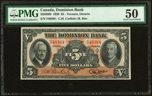 Canada Toronto, ON- Dominion Bank $5 3.1.1938 Ch.# 220-28-02 PMG About Uncirculated 50. An unusually choice example of this scarcer denomination, whic...