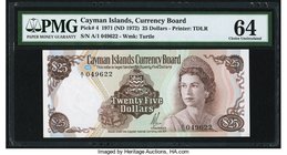 Cayman Islands Currency Board 25 Dollars 1971 (ND 1972) Pick 4 PMG Choice Uncirculated 64. A choice grade is noted on the key note from the first issu...