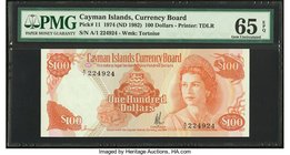Cayman Islands Currency Board 100 Dollars 1974 (ND 1982) Pick 11 PMG Gem Uncirculated 65 EPQ. A key note for the Cayman Islands. Elegantly designed, w...