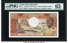 Central African Republic Banque des Etats de l'Afrique Centrale 500 Francs ND (1974) Pick 1 PMG Choice Uncirculated 63. President Bokassa (later known...