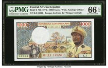 Central African Republic Banque des Etats de l'Afrique Centrale 1000 Francs ND (1974) Pick 2 PMG Gem Uncirculated 66 EPQ. An impeccable top tier examp...