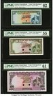 Ceylon Central Bank of Ceylon 5; 10; 100 Rupees ND (1969-77); ND (1969) Picks 73cts; 74cts; 76cts Trio of Color Trial Specimens PMG Uncirculated 62; A...