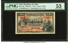 Chile Republica de Chile 1 Peso 18.1.1904 Pick 15a PMG About Uncirculated 53. An early small denomination with handstamps on the face. Previously moun...