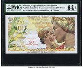 Reunion Department de la Reunion 20 Nouveaux Francs on 1000 Francs ND (1971) Pick 55b PMG Choice Uncirculated 64 EPQ. A handsome, pack fresh example o...