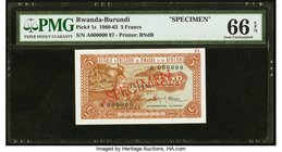 Rwanda-Burundi Banque d'Emission du Rwanda et du Burundi 5 Francs 15.9.1960 Pick 1s Specimen PMG Gem Uncirculated 66 EPQ. A pleasing and scarce Specim...
