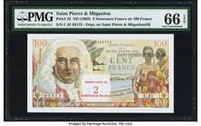 Saint Pierre and Miquelon Caisse Centrale de la France d'Outre Mer 2 Nouveaux Francs on 100 Francs ND (1963) Pick 32 PMG Gem Uncirculated 66 EPQ. A si...