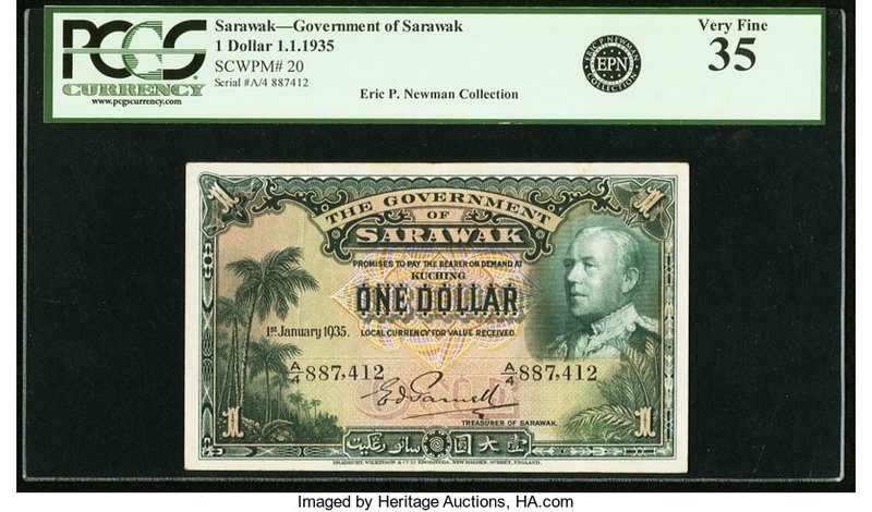 Sarawak Government of Sarawak 1 Dollar 1.1.1935 Pick 20 PCGS Very Fine 35. A nic...