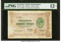 Seychelles Government of Seychelles 5 Rupees 5.10.1934 Pick 3b PMG Fine 12 Net. With a profile portrait of the reigning Monarch, George V, this large ...
