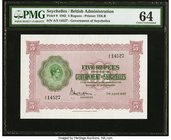Seychelles Government of Seychelles 5 Rupees 7.4.1942 Pick 8 PMG Choice Uncirculated 64. An interesting uniface type which is scarce in this excellent...