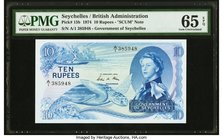 Seychelles Government of Seychelles 10 Rupees 1974 Pick 15b PMG Gem Uncirculated 65 EPQ. A beautiful, popular example featuring Queen Elizabeth II and...
